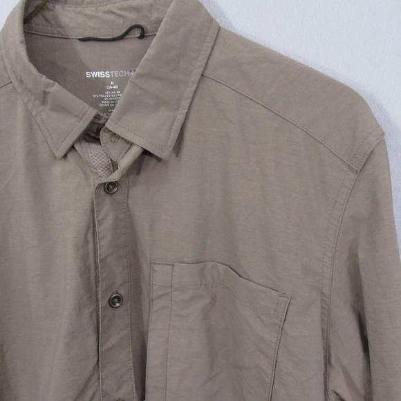 Swiss Tech Mens Button Up‎ Shirt M Green Long Sleeve Stretch Pocket - Picture 2 of 11
